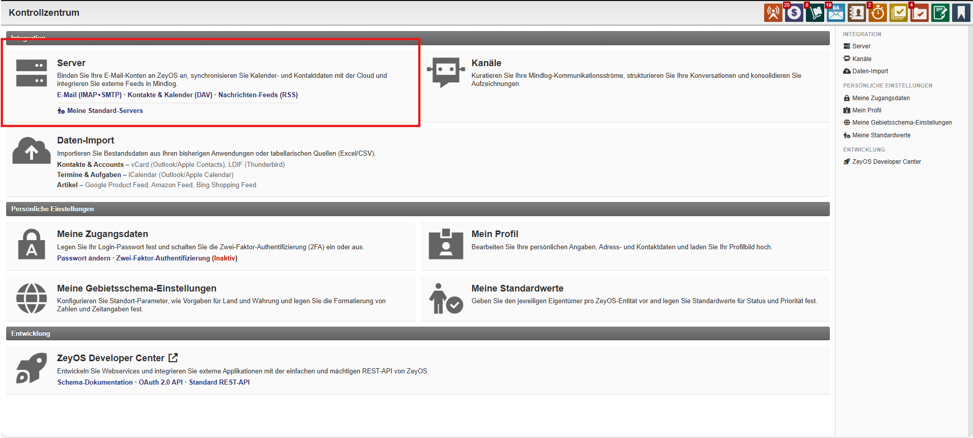 Serverseite mit Tabs für Mail-, DAV- und Feed-Server