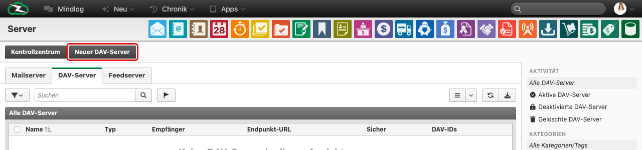 Serverübersicht mit Liste konfigurierter Mail-, DAV- und Feed-Server