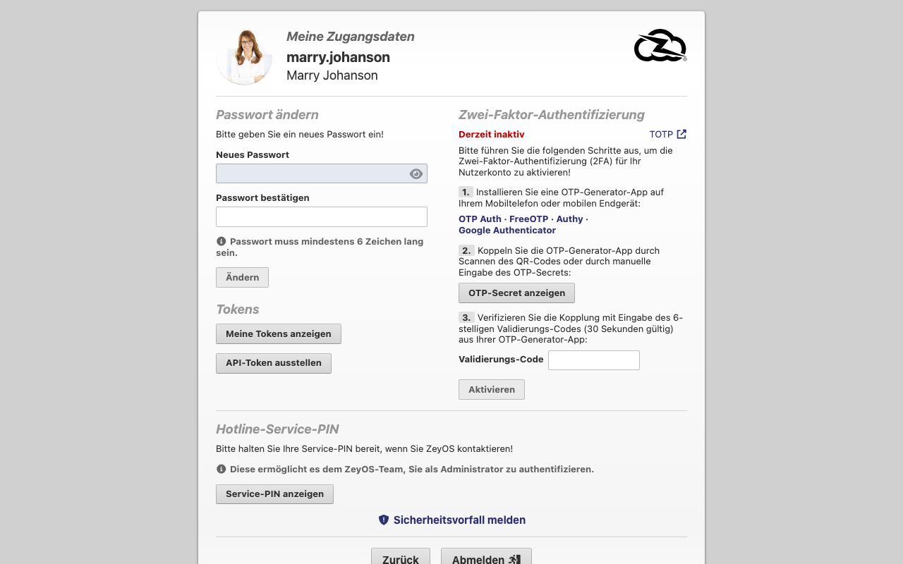 Passwort-ändern-Formular mit Feldern für neues Passwort und Bestätigung