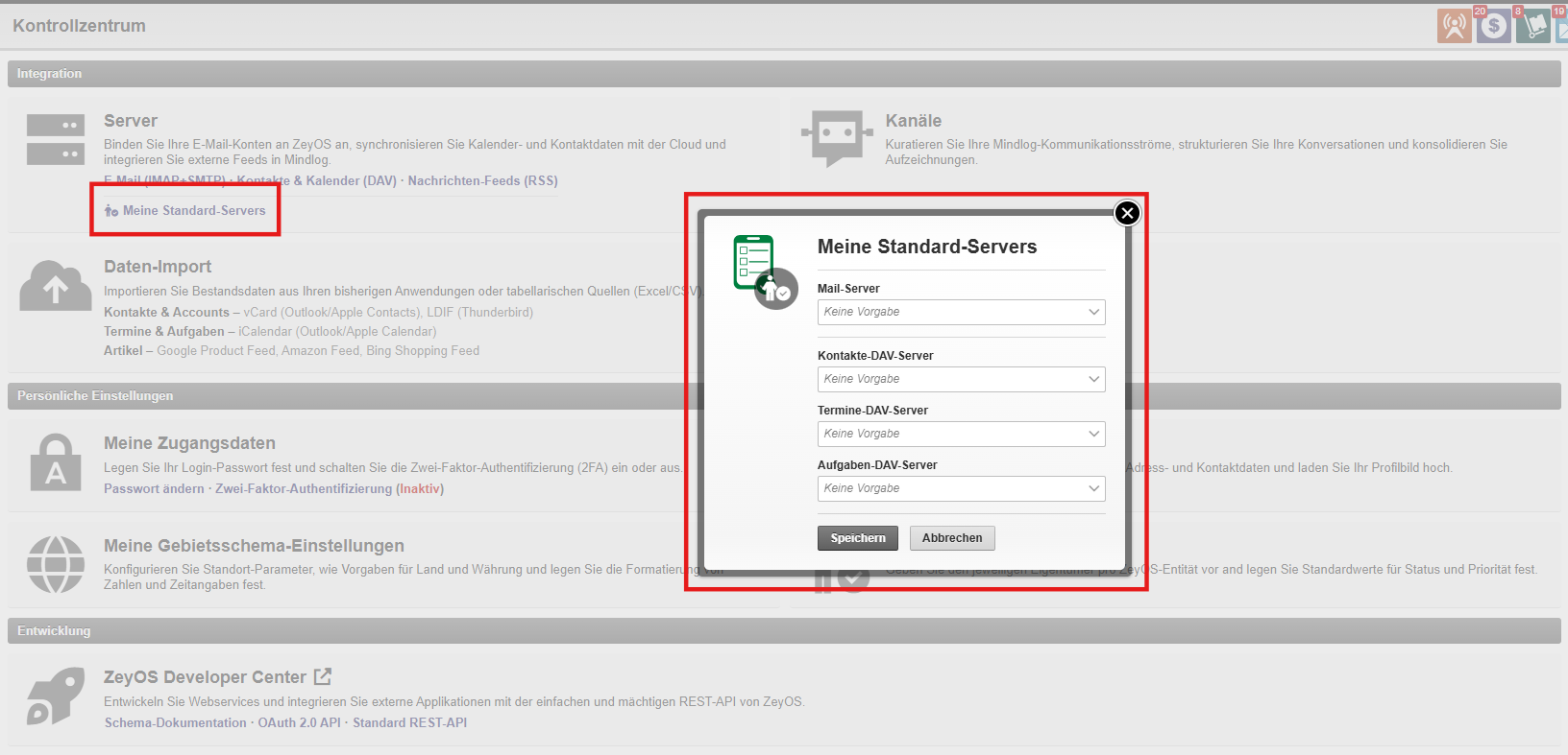 Standard-Serverkonfigurationsformular mit Host, Port und Zugangsdaten