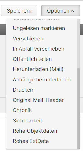 Optionen-Menü für E-Mail-Nachrichten – Ungelesen markieren, Verschieben, Öffentlich teilen und weitere Aktionen
