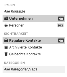 Rechte Seitenleiste mit den Filter-Bereichen Typen, Sichtbarkeit und Kategorien