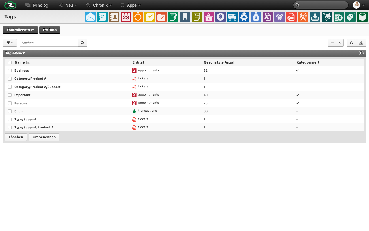 Tags-Verwaltungsseite im Kontrollzentrum mit allen Tags, deren App-Zuordnung, Verwendungsanzahl und Kategorisierungsstatus