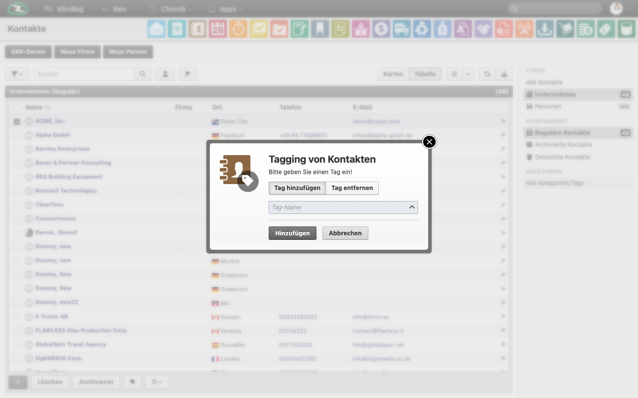 Tag-Dropdown in der Detailansicht eines Elements mit den verfügbaren Tags