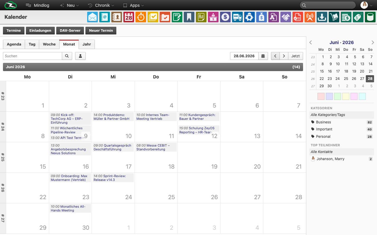 Kalender-Monatsansicht mit allen Terminen des Teams, Kategorie-Farben und Mini-Kalender in der Seitenleiste