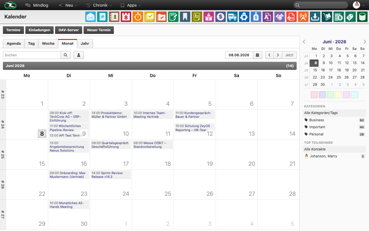 Kalender-Monatsansicht mit allen Terminen des Teams, Kategorie-Farben und Mini-Kalender in der Seitenleiste