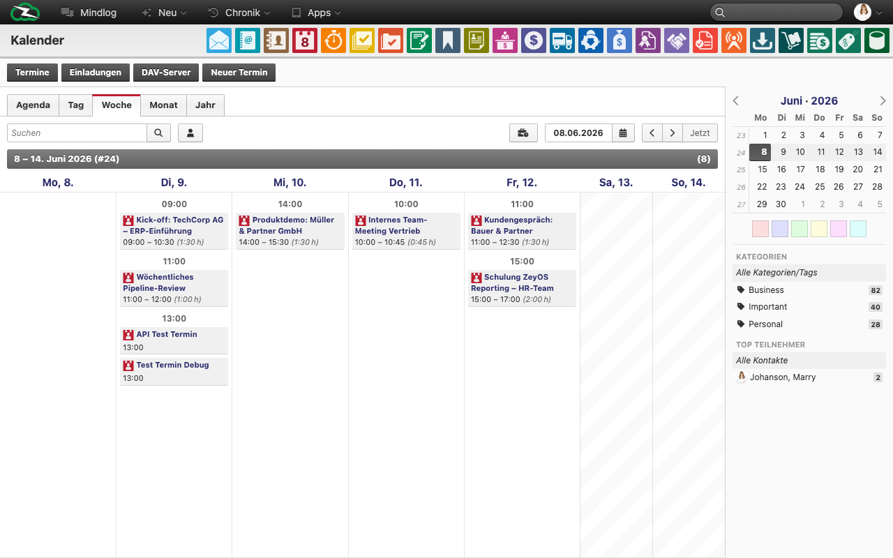 Kalender-Wochenansicht mit Zeitslots und Termindauer über die aktuelle Woche