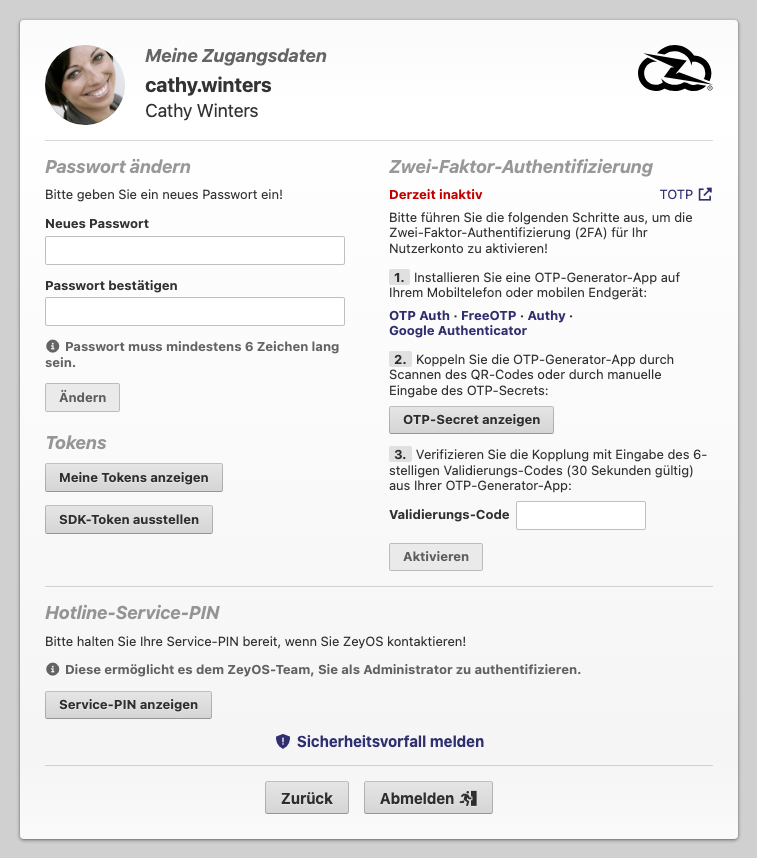 Live-Zugangsdaten-Seite mit Passwort, 2FA, Tokens und Service-PIN