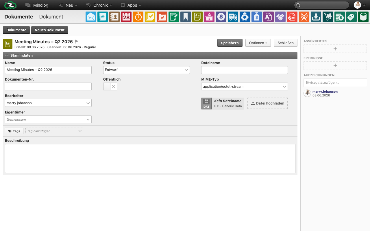 Dokumentformular mit Name, Dokumentennummer, Status, Öffentlich-Schalter, Bearbeiter, Eigentümer, Tags, MIME-Typ und Datei-Upload-Bereich