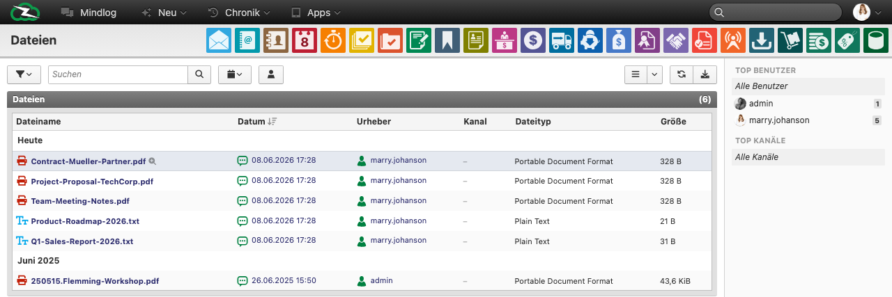 Dateibrowser mit hochgeladenen Dateien nach Datum gruppiert, mit Spalten für Dateiname, Urheber, Kanal, Dateityp und Größe