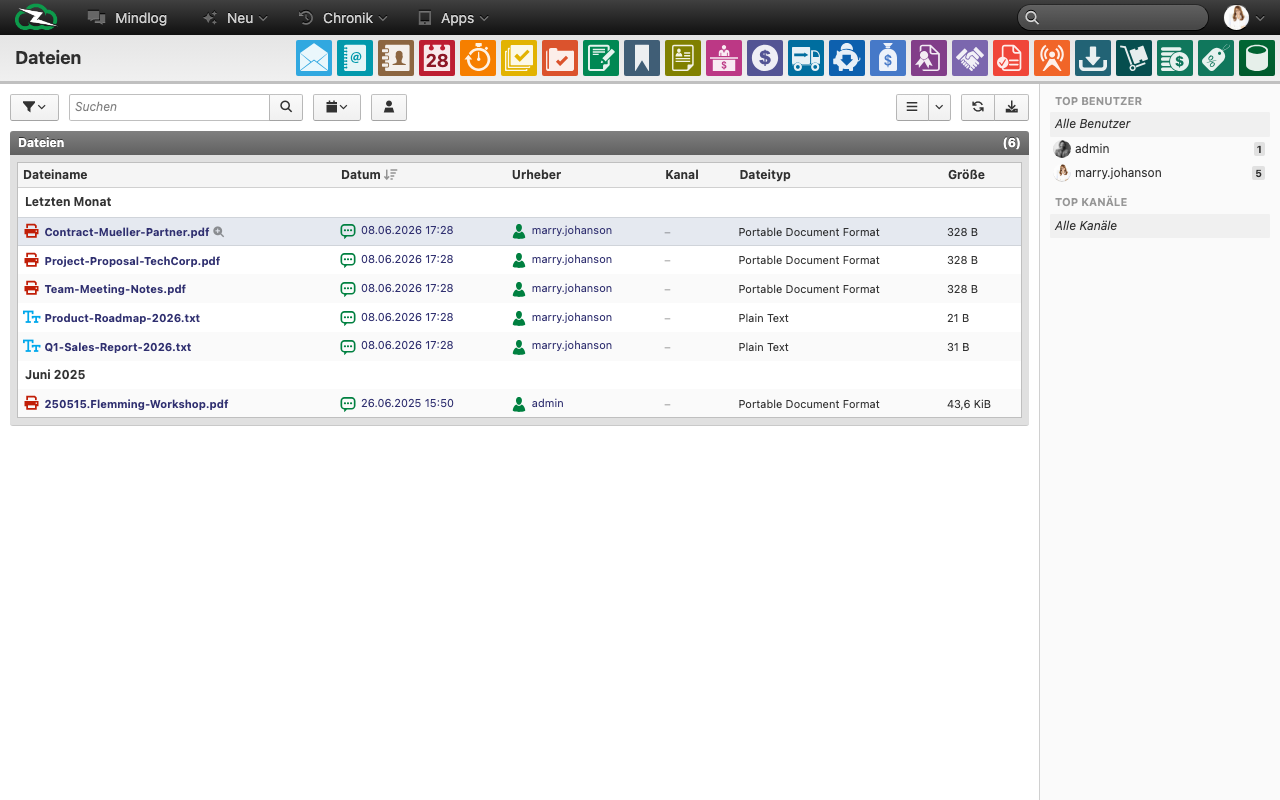 Dateibrowser mit hochgeladenen Dateien nach Datum gruppiert, mit Spalten für Dateiname, Urheber, Kanal, Dateityp und Größe