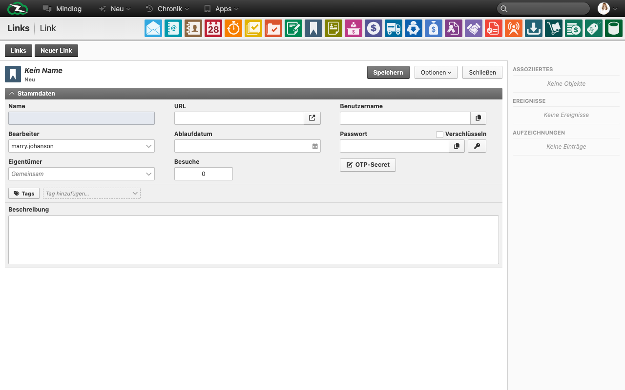 Neues Link-Formular mit Feldern für Name, URL, Bearbeiter, Eigentümer, Benutzername, Passwort, OTP-Secret und Tags
