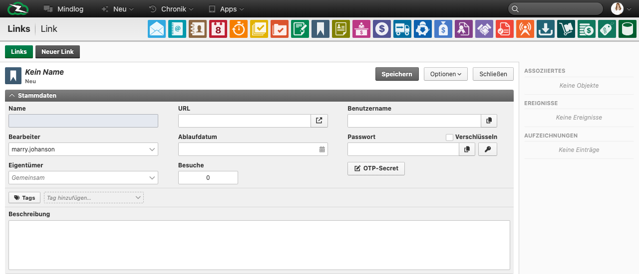 Neues Link-Formular mit Feldern für Name, URL, Bearbeiter, Eigentümer, Benutzername, Passwort, OTP-Secret und Tags