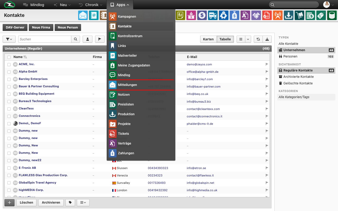 Mitteilungsmodul-Listenansicht mit Filtern und Postfachnavigation