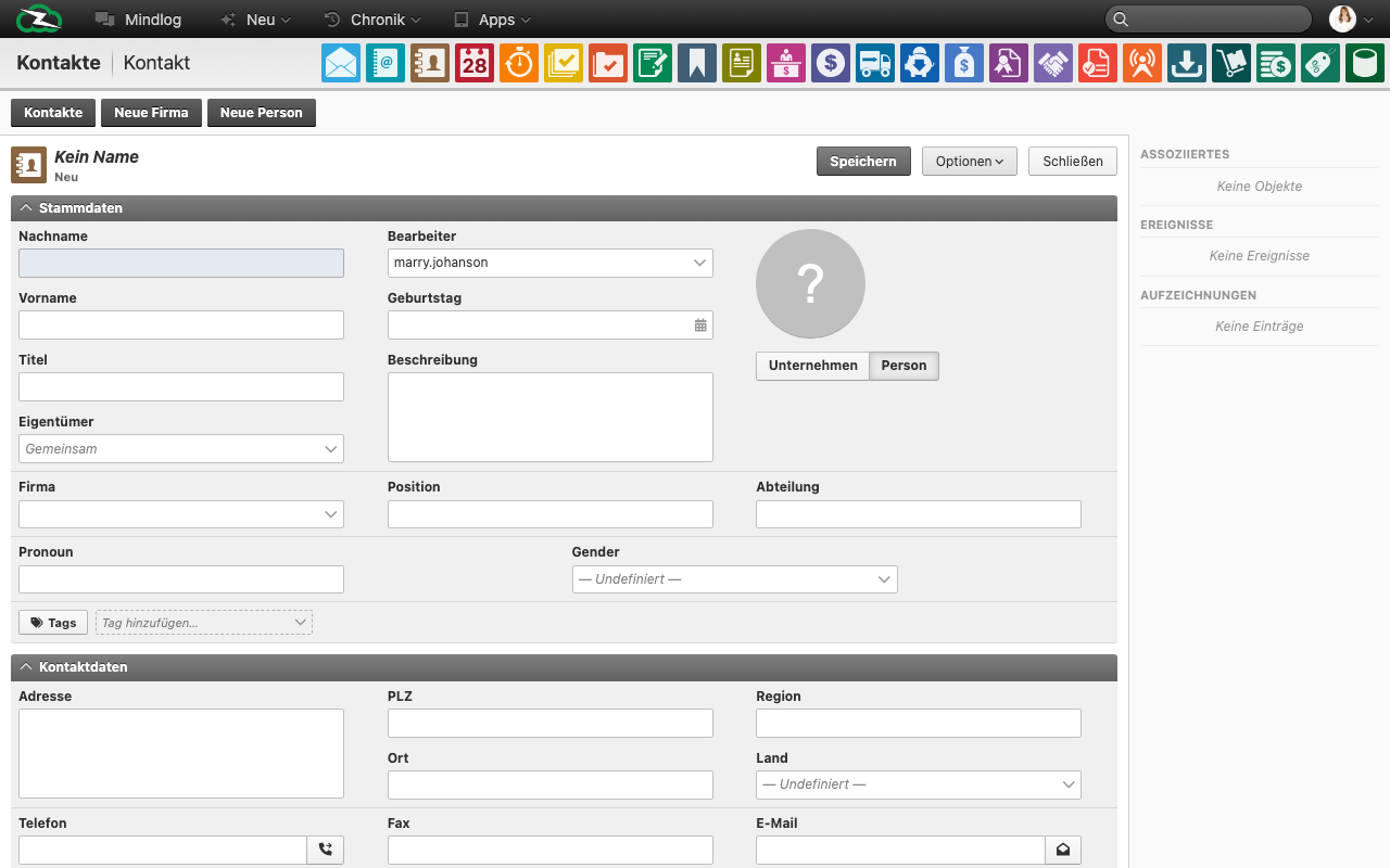 Formular für einen neuen Unternehmenskontakt mit Name, Adresse und Kommunikationsfeldern