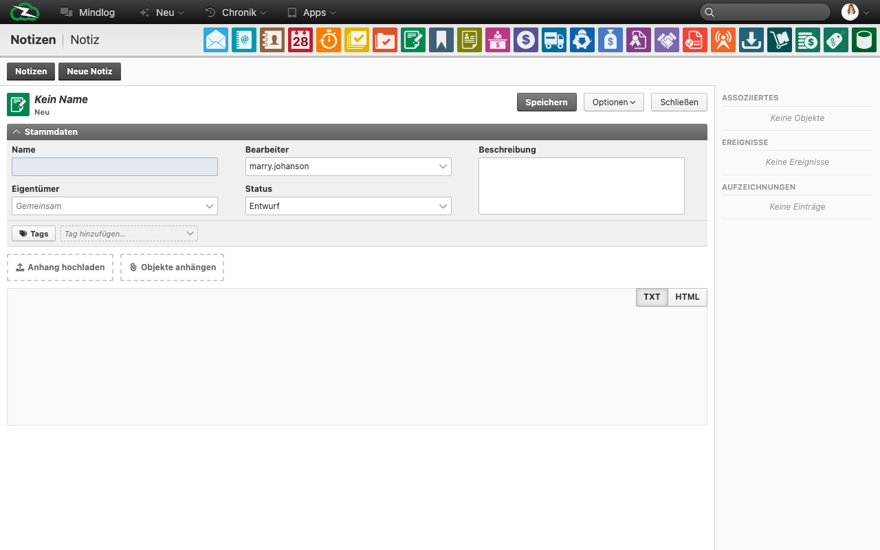 Neues Notizformular mit Name, Bearbeiter, Eigentümer, Status, Tags und Rich-Text-Editor