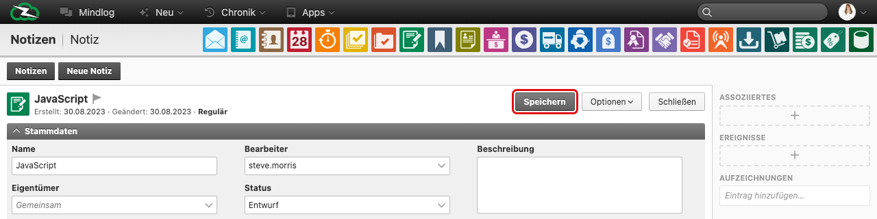 Notizeditor mit vollständiger Rich-Text-Werkzeugleiste und hervorgehobenem Speichern-Button oben rechts